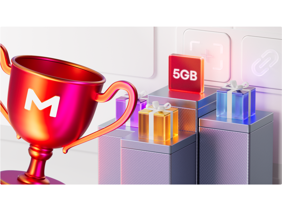 A shiny red MEGA-branded trophy next to a podium with wrapped gift boxes and a glowing '5GB' reward block on top, suggesting a prize or bonus system.